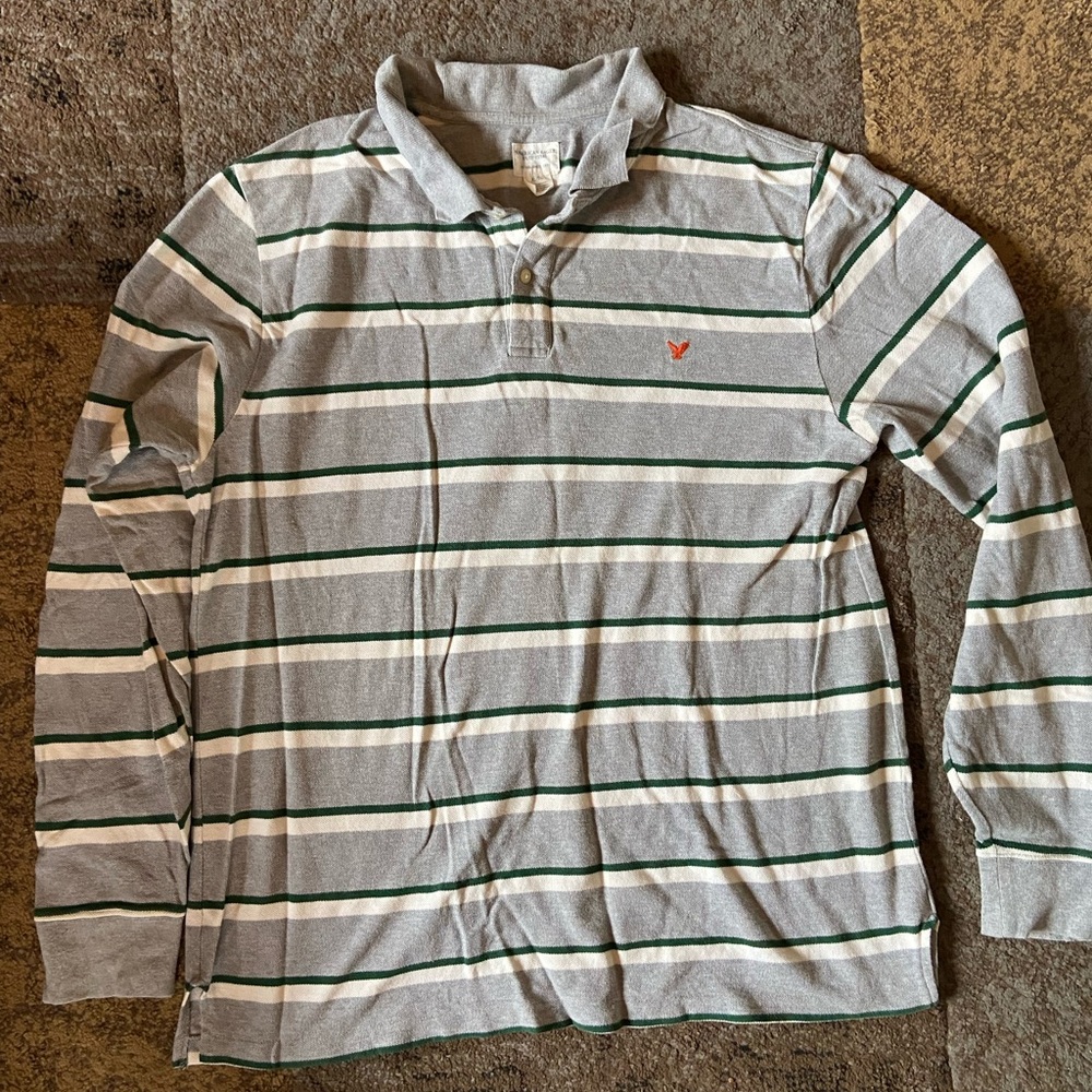 Vintage American Eagle Gray and Green Striped Polo Shirt